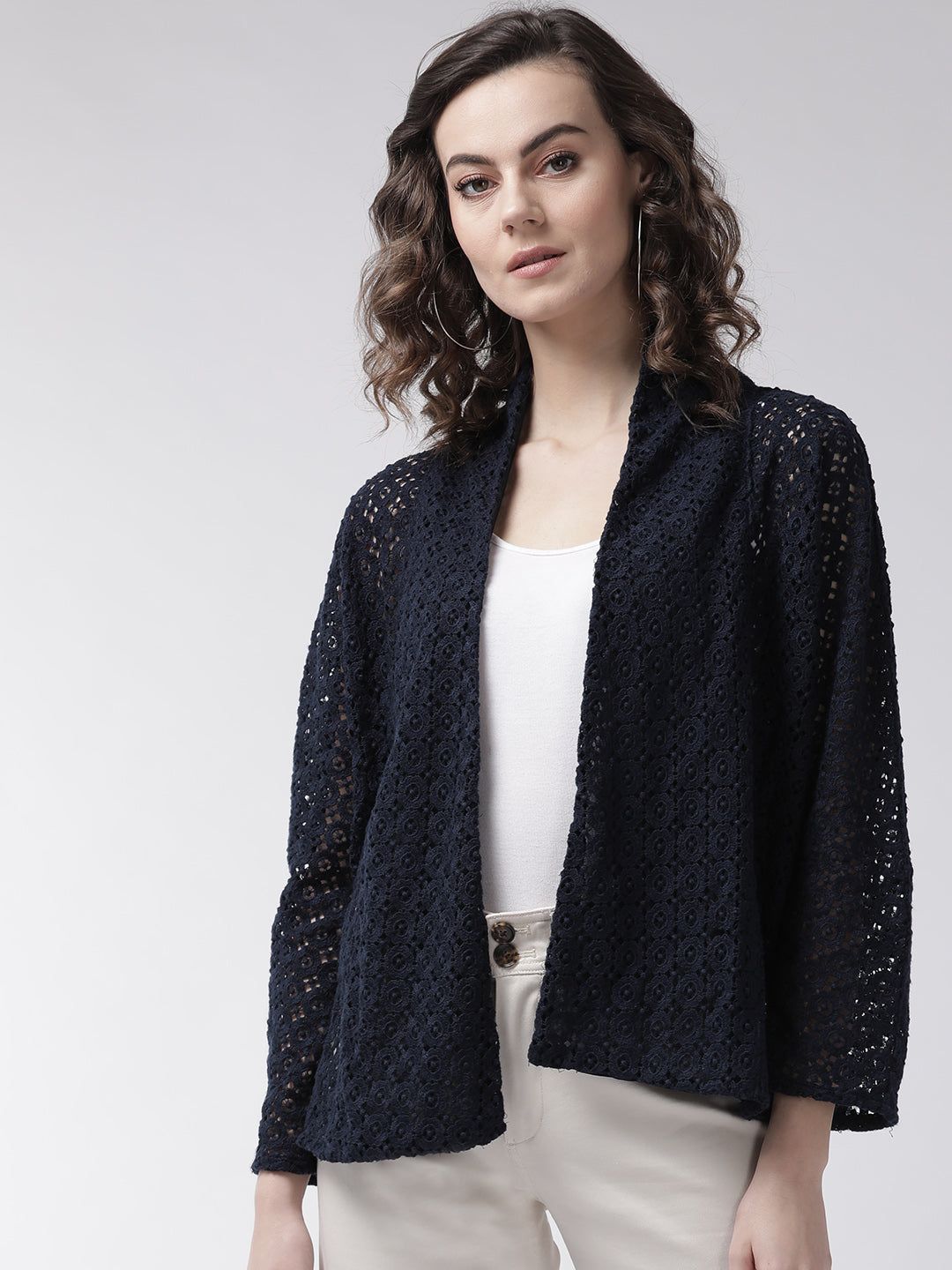 Women Navy Blue Self Design Open Front Shrug