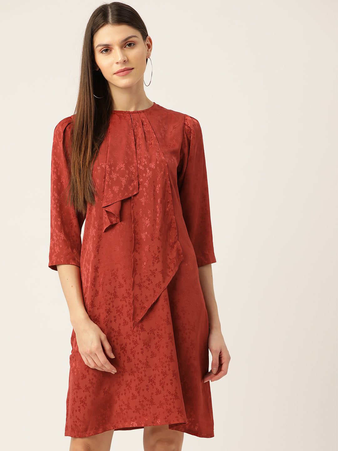 Women Rust Red Self Design A-Line Dress