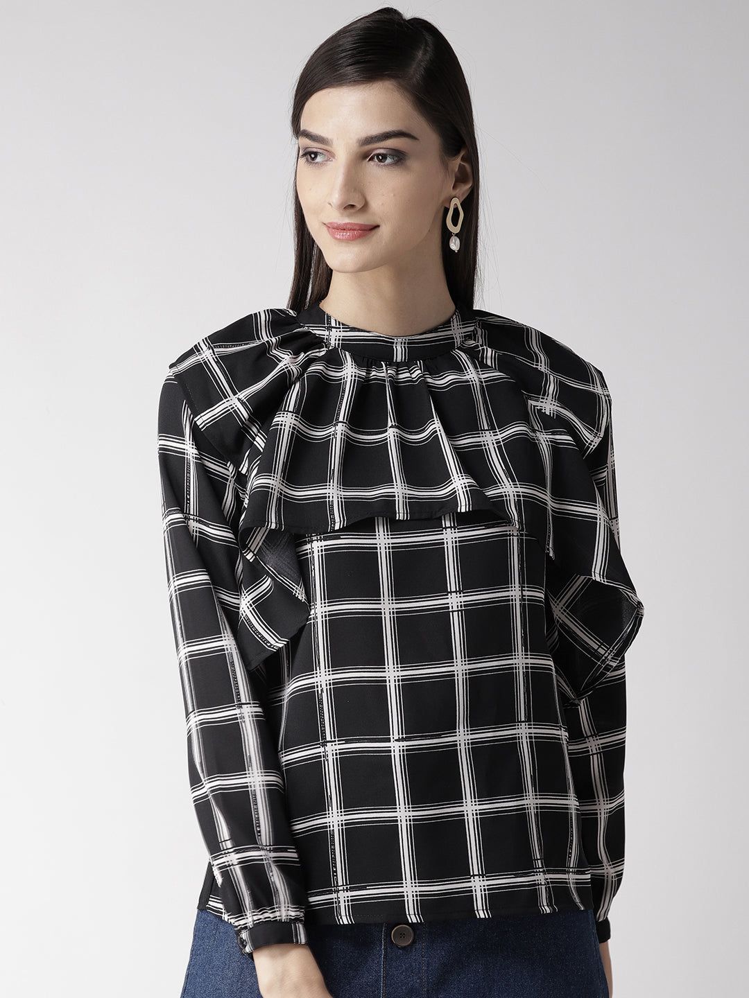 Women Black & White Layered Checked Top