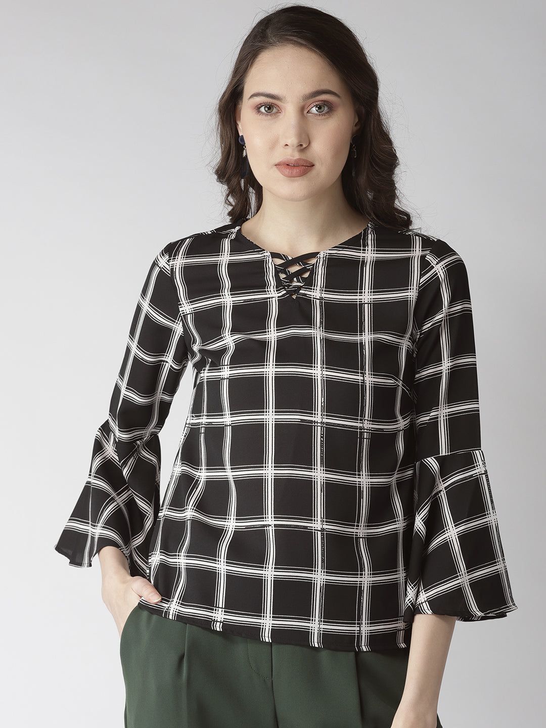 Women Black & White Checked Top