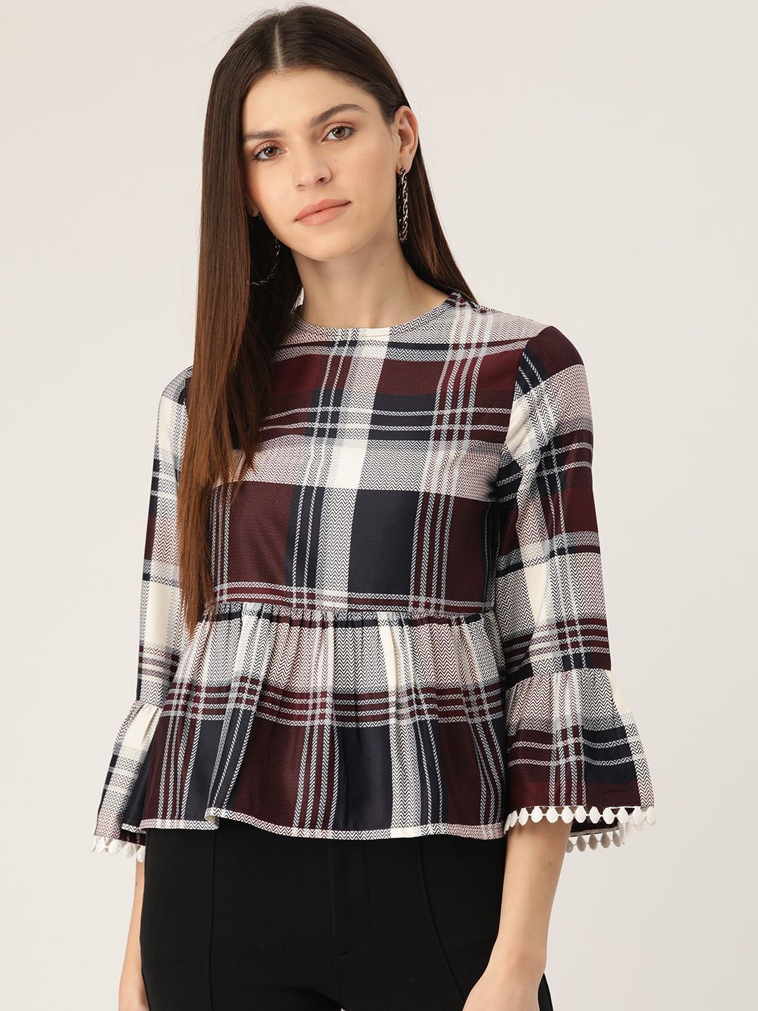 Women Off-White & Navy Blue Checked Peplum Top