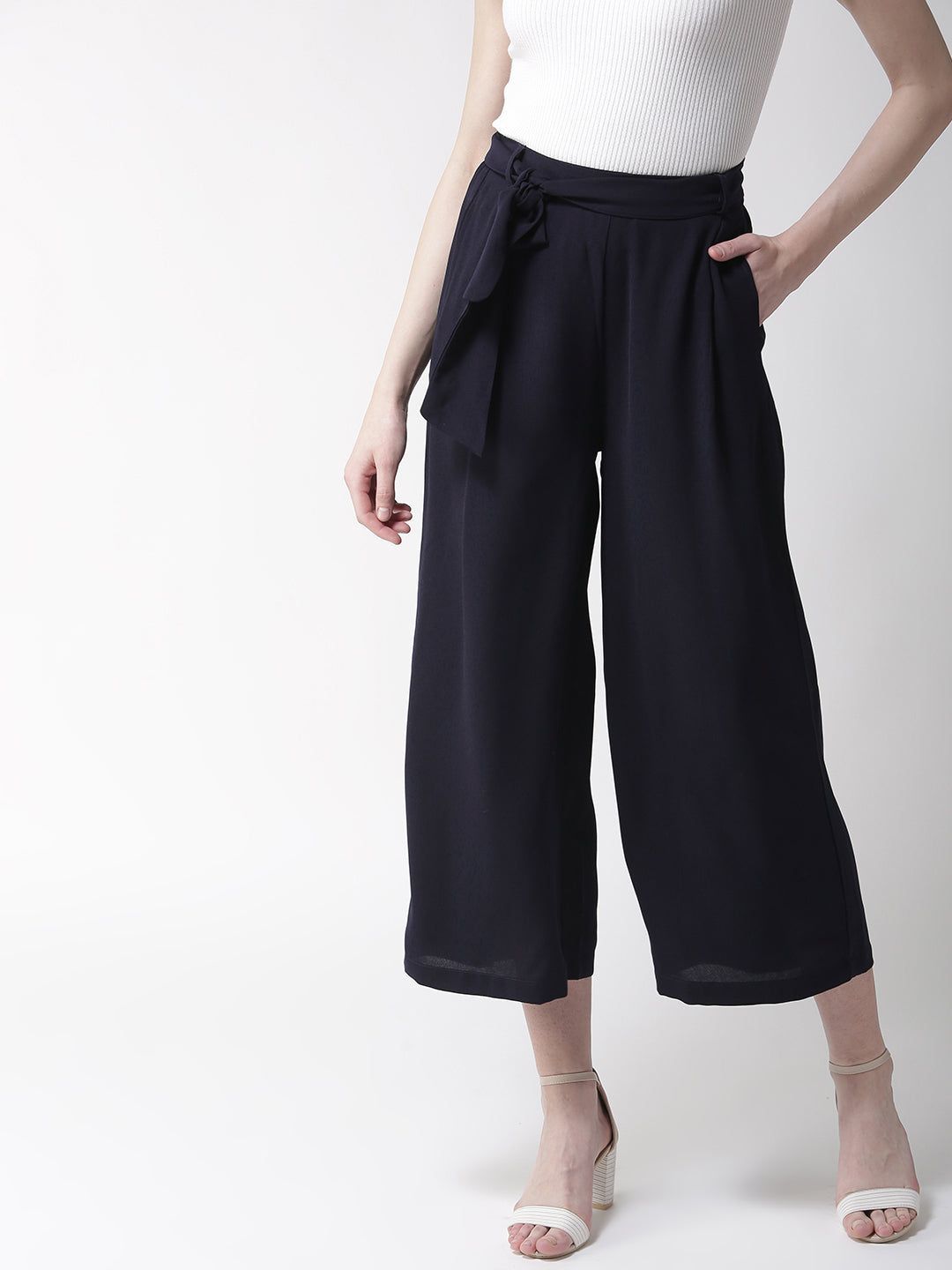 Women Navy Blue Loose Fit Solid Regular Trousers