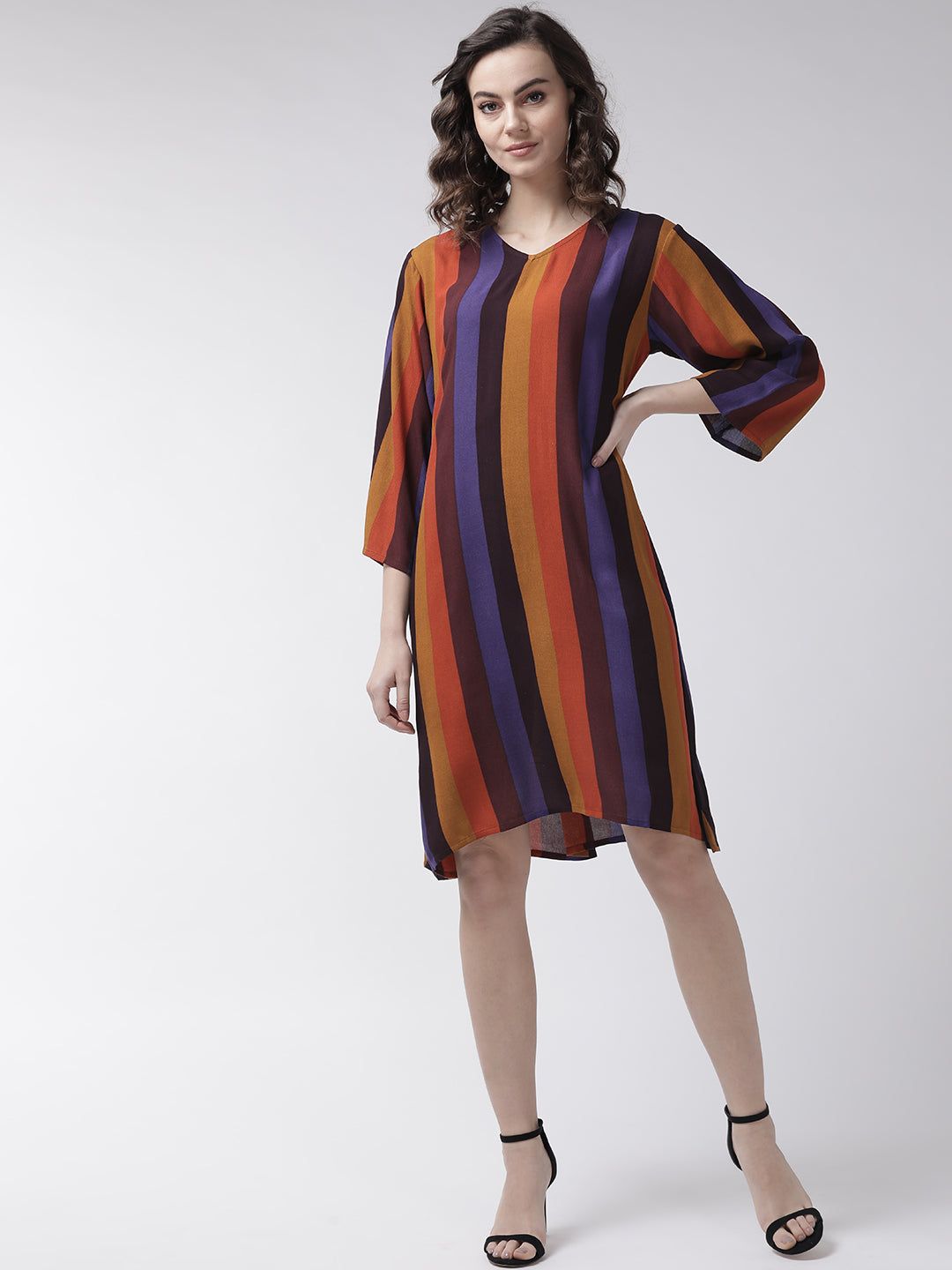 Women Mustard Yellow & Rust Orange Striped A-Line Dress