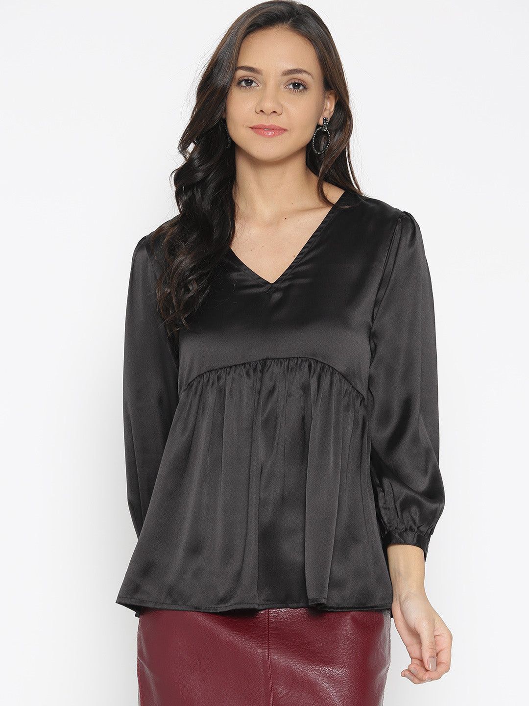 Women Black Solid Satin Finish A-Line Top