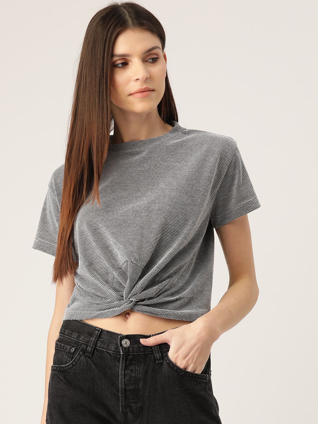 Women Charcoal Grey & White Self-Design Crop Top