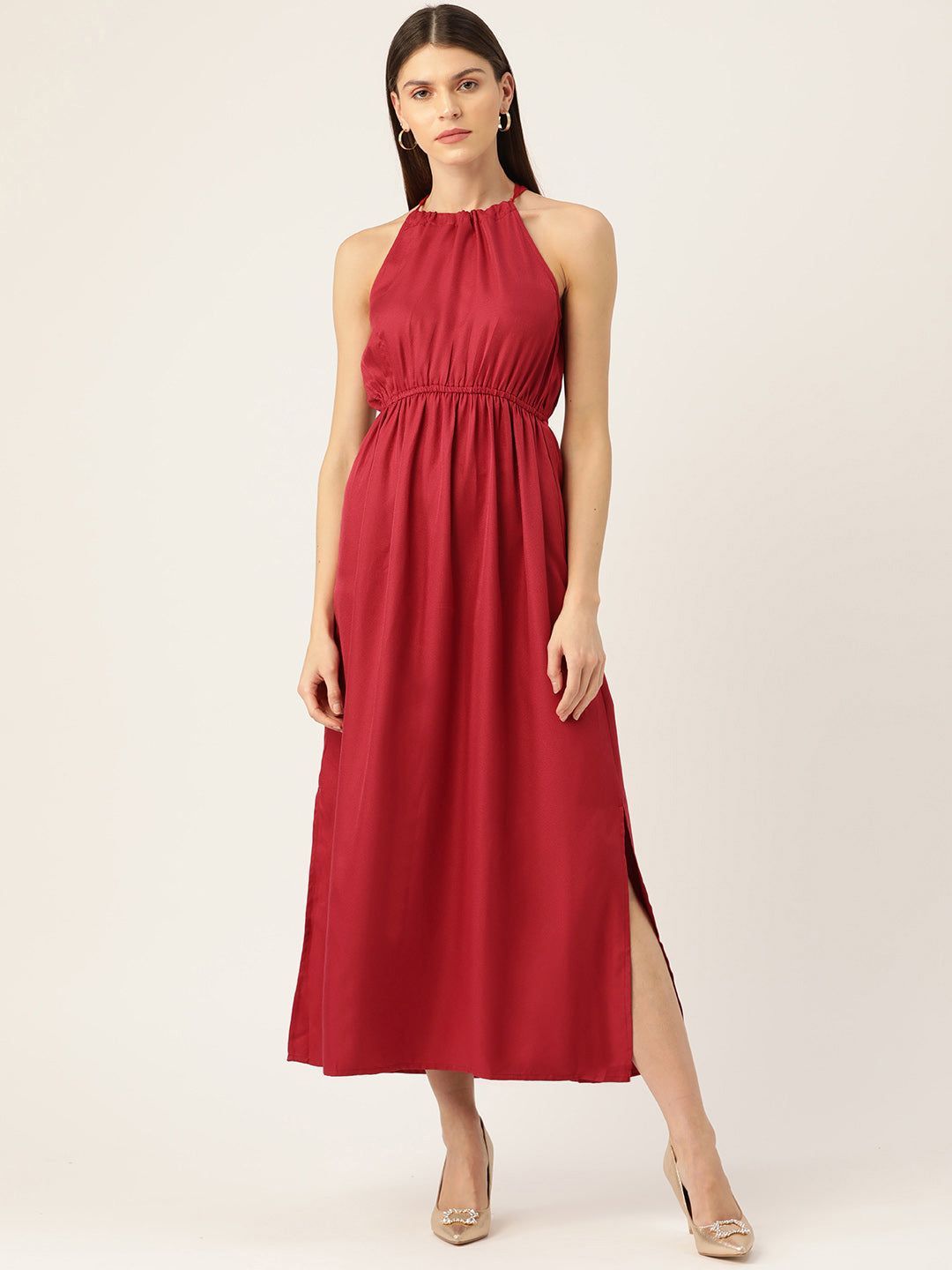 Women Rust Red Solid Maxi Dress
