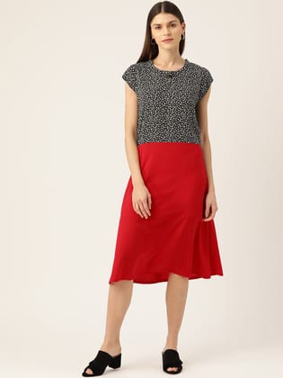 Women Black & Red Printed A-Line Dress