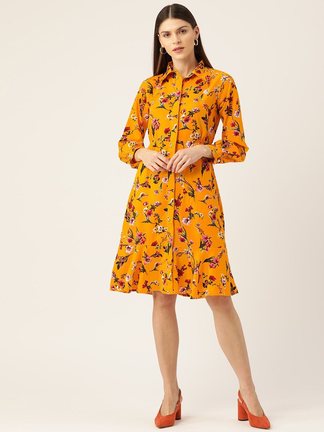 Women Mustard Yellow & Pink Printed Shirt Dress