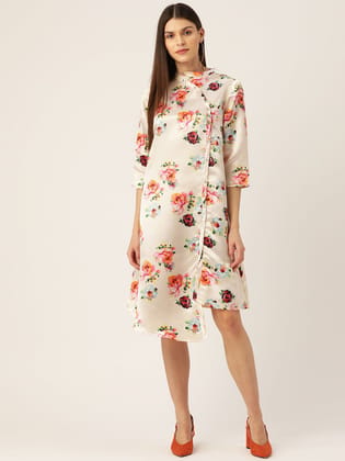 Women Cream-Colored & Pink Floral Printed Satin Finish Wrap Dress