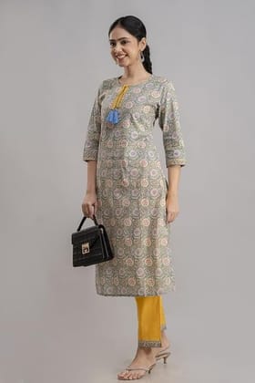 Yellow and Green printed kurti and pant set