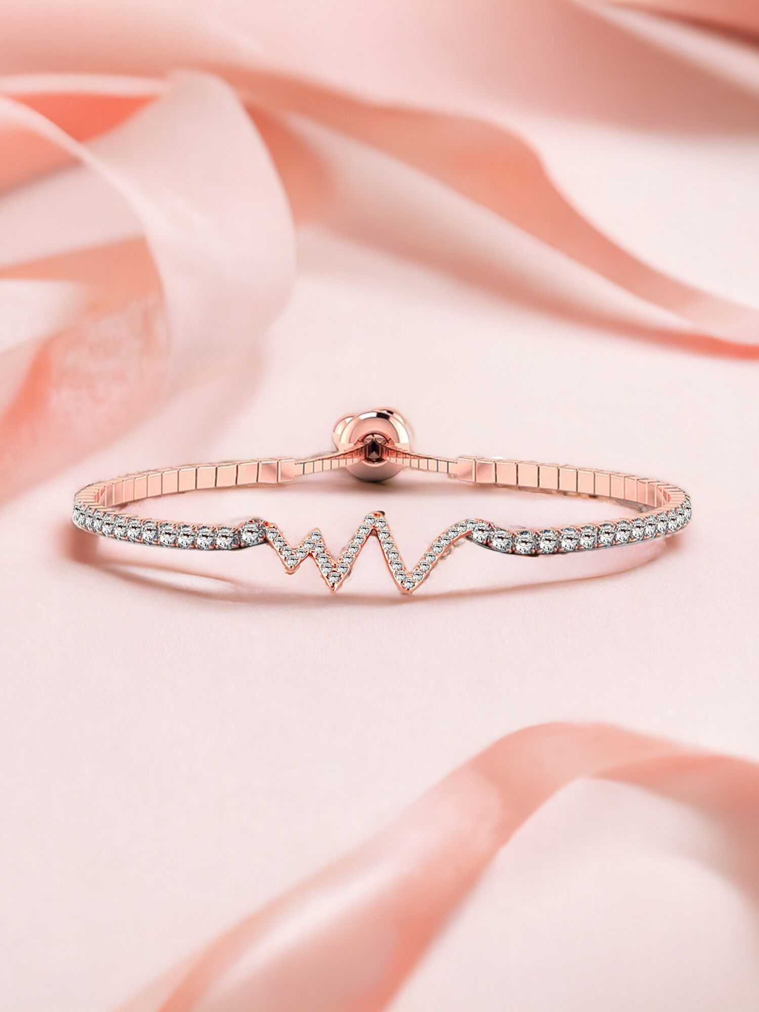 LUCKY JEWELLERY Latest Stylish Rose Gold Plated Stones Heartbeat Adjustable Bracelet with Pull Chain for Women & Girls | Birthday Gift for Girls & Women Anniversary Gift for Wife (415-CHOM1-1263)
