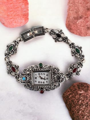 LUCKY JEWELLERY Fashion Latest Stylish Black Metal Silver Oxidised Bohemian Adjustable Wrist Watch Bracelet for Women & Girls | Birthday Gift for Girls & Women (660-CHW1O-1233)