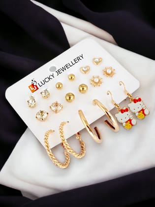 LUCKY JEWELLERY Fashion 9 Pairs Combo Set Of Latest Earrings Celebrity Inspired Stylish Trendy Gold Plated Stud Tops Earing Kitty Dangle C Shaped Hoops Earring for Women & Girls (175-CHEX-1158-9)