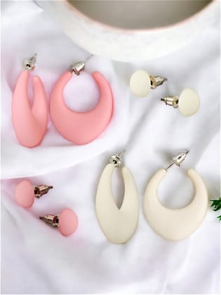 LUCKY JEWELLERY Fashion 4 Pairs Combo Set Of Latest Earrings Celebrity Inspired Stylish Trendy Pink and White Color Plastic Stud Tops Earing C Shaped Hoops Earring for Women & Girls (190-CHEX-1015-4)