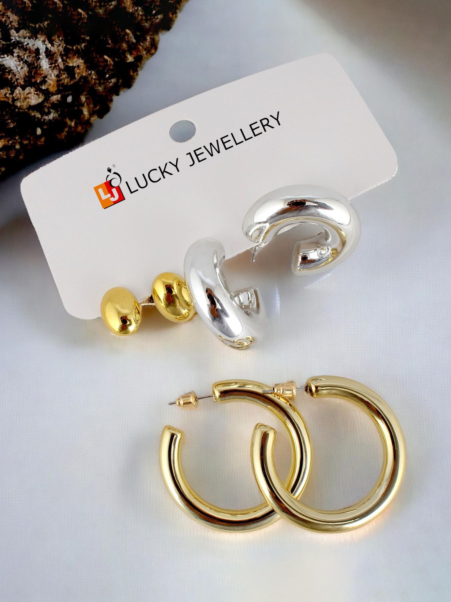 LUCKY JEWELLERY Fashion 3 Pairs Combo Set Of Latest Earrings Celebrity Inspired Stylish Trendy Gold and Silver Plated Oval Stud Tops Earing Plastic C Shaped Earring for Women & Girls (190-CHEX-1017-3)
