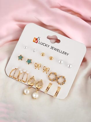 LUCKY JEWELLERY Fashion 9 Pairs Combo Set Of Latest Earrings Celebrity Inspired Stylish Trendy Stud Tops Earing Gold Plated Drop Cuff Earing C Shaped Earring for Women & Girls (195-CHEX-1013B-9) LUCKY JEWELLERY Fashion 9 Pairs Combo Set Of Latest Earrings Celebrity Inspired Stylish Trendy Stud Tops Earing Gold Plated Drop Cuff Earing C Shaped Earring for Women & Girls (195-CHEX-1013B-9)
