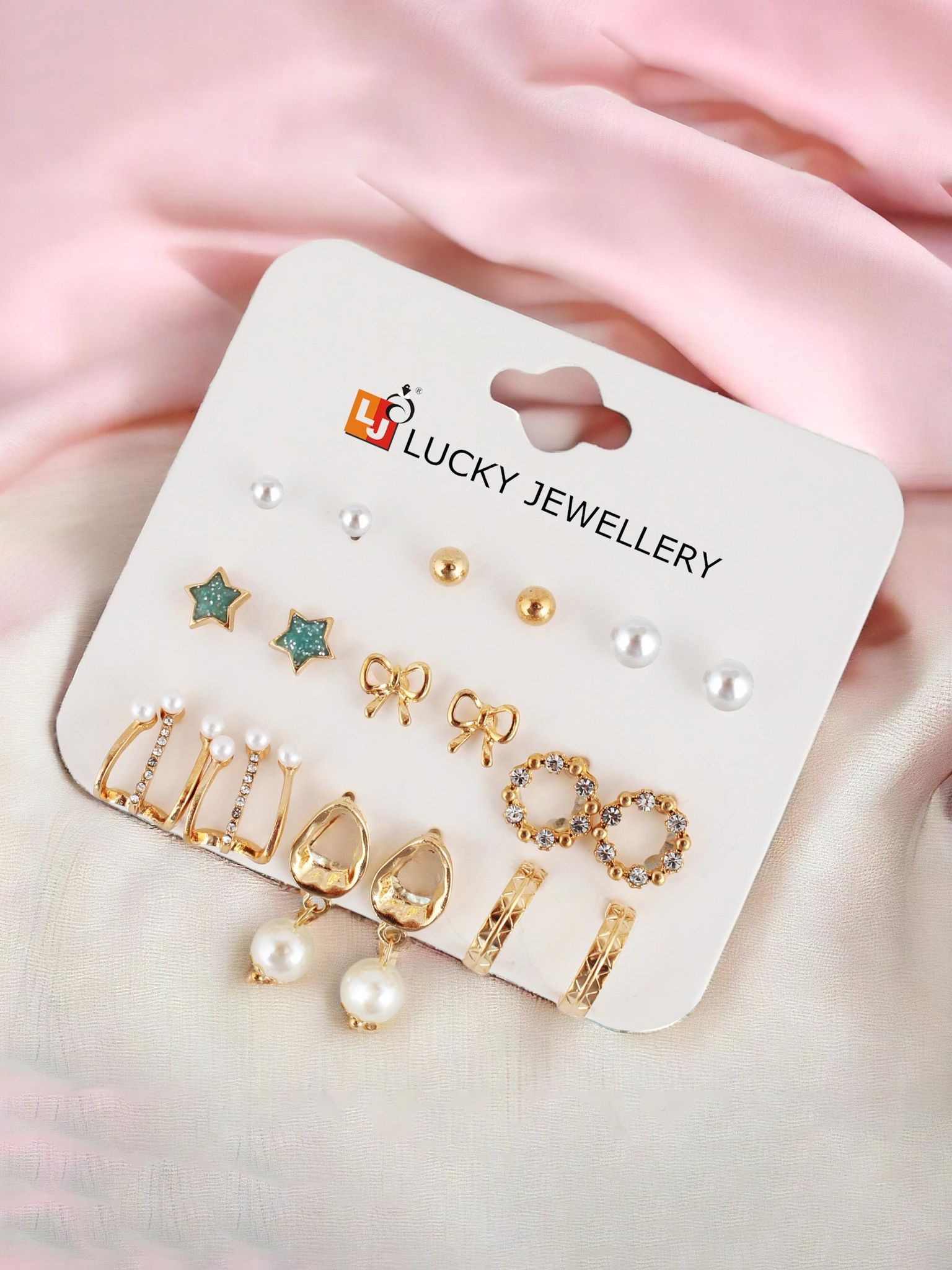 LUCKY JEWELLERY Fashion 9 Pairs Combo Set Of Latest Earrings Celebrity Inspired Stylish Trendy Stud Tops Earing Gold Plated Drop Cuff Earing C Shaped Earring for Women & Girls (195-CHEX-1013B-9)