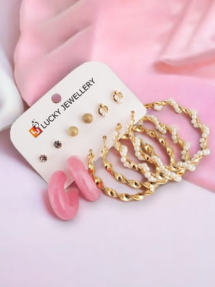 LUCKY JEWELLERY Fashion 6 Pairs Combo Set Of Latest Earrings Celebrity Inspired Stylish Trendy Gold Plated Stone Stud Tops Geometric Hoops Earing, C Shaped Earring for Women & Girls (240-CHEX-1185-6)