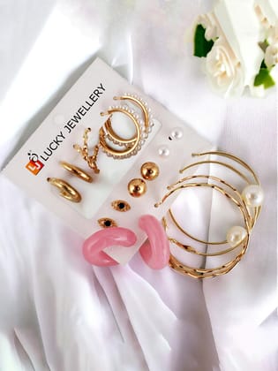 LUCKY JEWELLERY Fashion 9 Pairs Combo Set Of Latest Earrings Celebrity Inspired Stylish Trendy Gold Plated Stud Tops, Hoop Earing C Shaped Earring Geometric Hoops for Women & Girls (312-CHEX-1186-9) LUCKY JEWELLERY Fashion 9 Pairs Combo Set Of Latest Earrings Celebrity Inspired Stylish Trendy Gold Plated Stud Tops, Hoop Earing C Shaped Earring Geometric Hoops for Women & Girls (312-CHEX-1186-9)