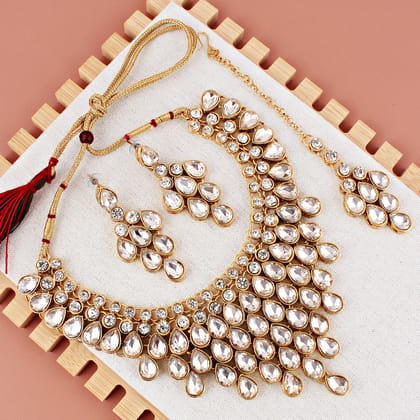 LUCKY JEWELLERY Designer Gold Plated White Color Stone Necklace Set For Women & Girls (825-L1SS-837-W)
