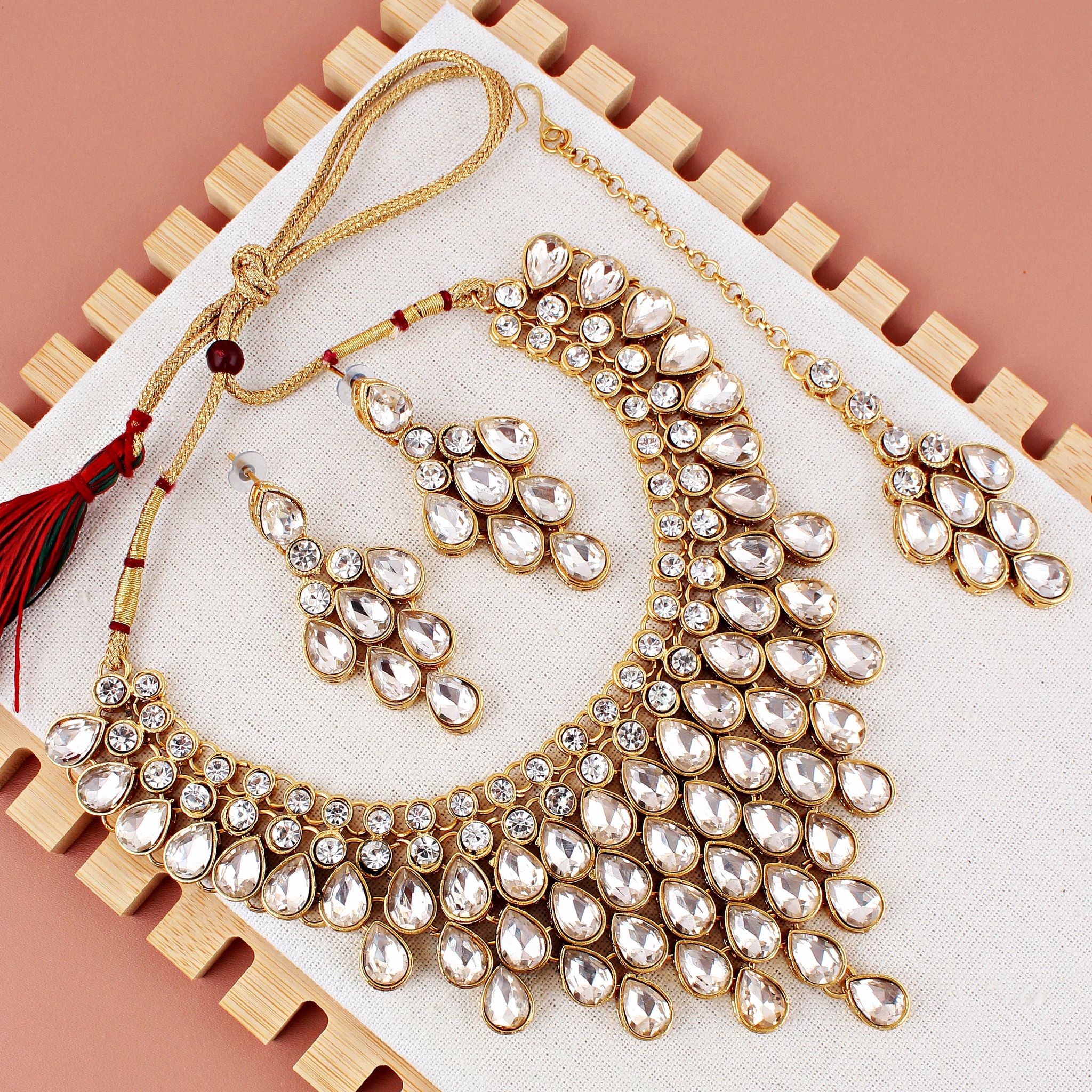 LUCKY JEWELLERY Designer Gold Plated White Color Stone Necklace Set For Women & Girls (825-L1SS-837-W)