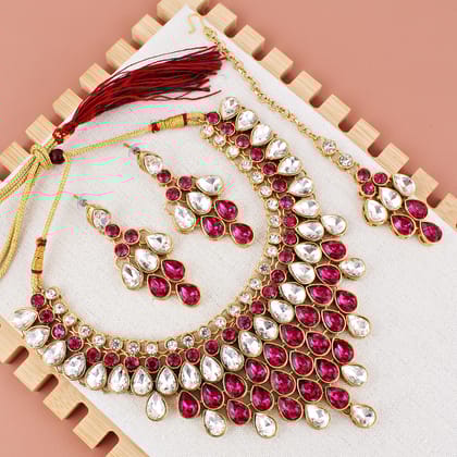 LUCKY JEWELLERY Designer Gold Plated White Magenta Color Stone Necklace Set For Women & Girls (825-L1SS-837-W-R)