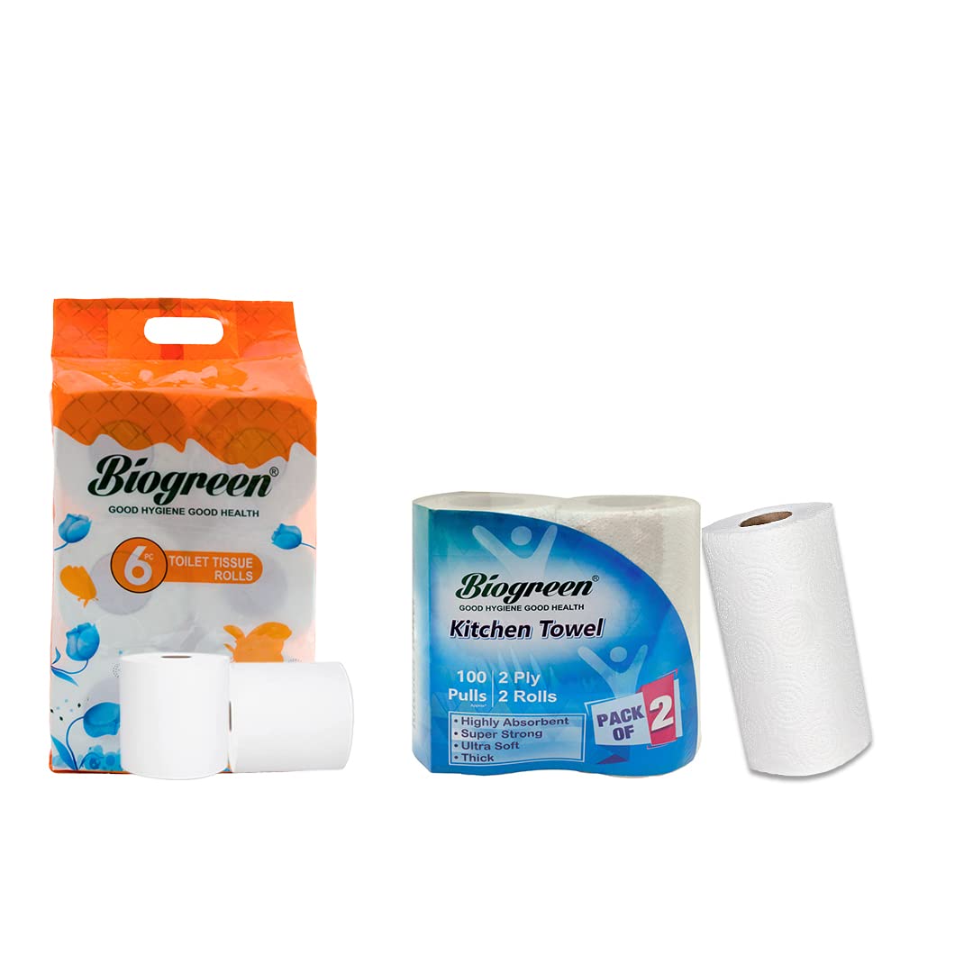 Biogreen Kitchen Tissue/Towel (2 Ply) 2 Rolls and Biogreen Virgin Soft Toilet Bathroom Roll(6 in 1) 250 Sheets Combo