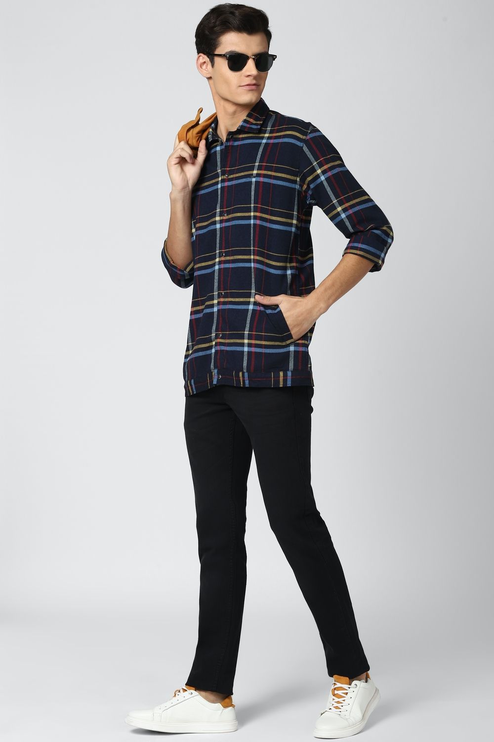 Men Navy Slim Fit Check Full Sleeves Casual Shirt