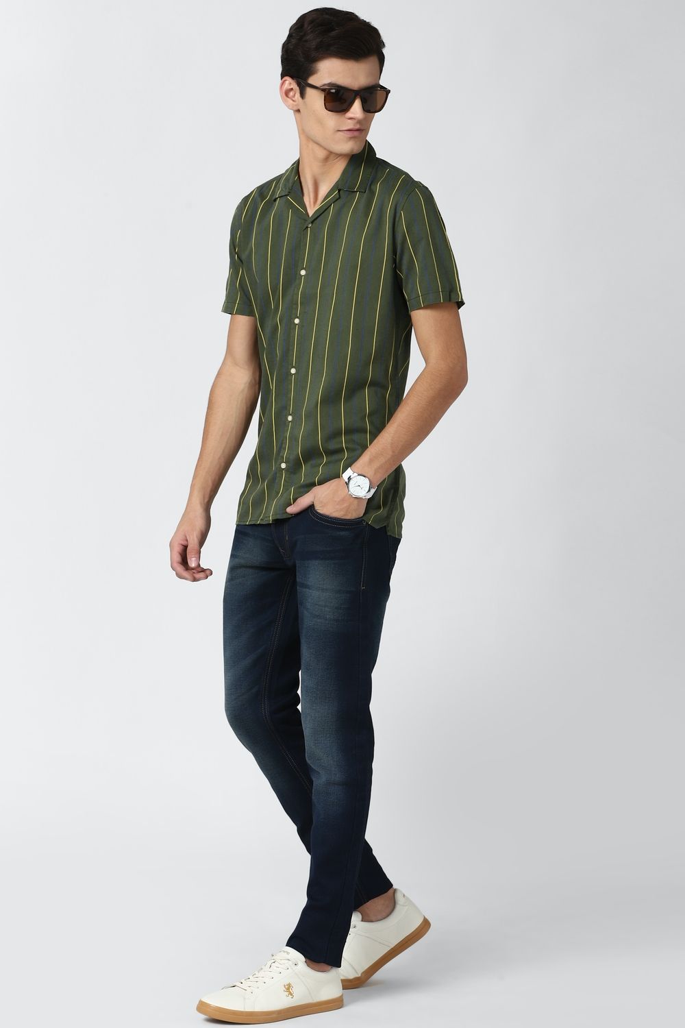 Men Olive Super Slim Fit Stripe Half Sleeves Casual Shirt