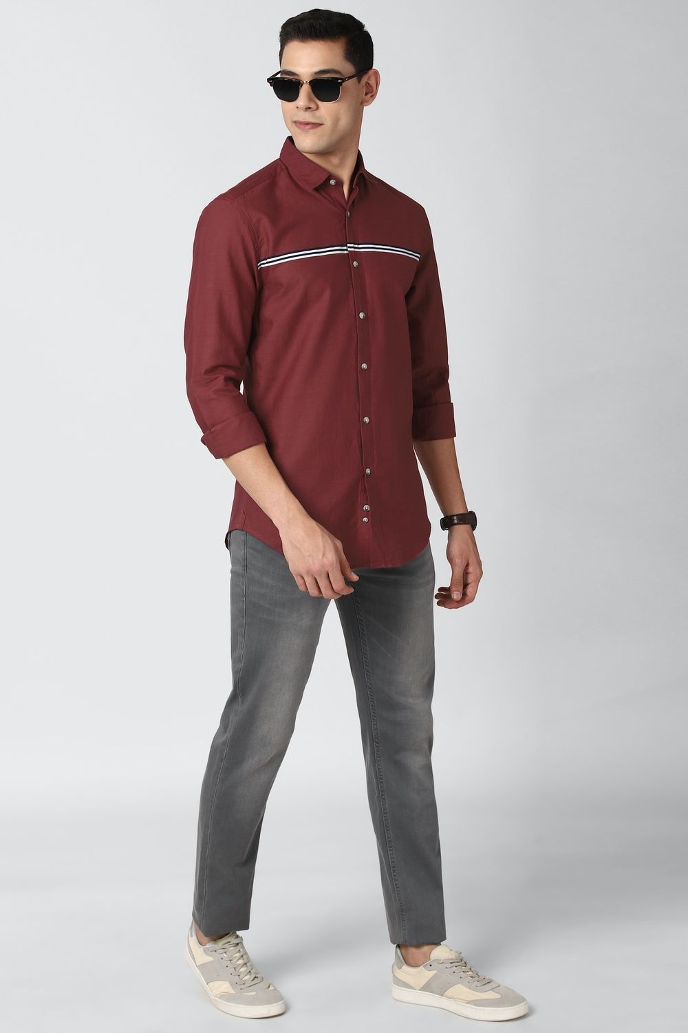 Men Maroon Super Slim Fit Stripe Full Sleeves Casual Shirt