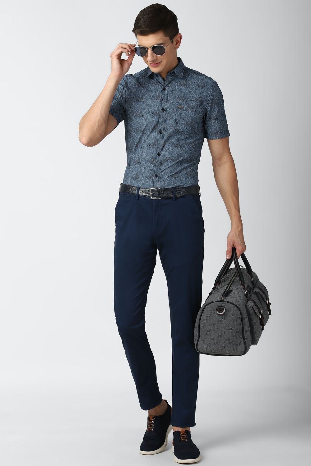 Men Navy Super Slim Fit Print Half Sleeves Casual Shirt