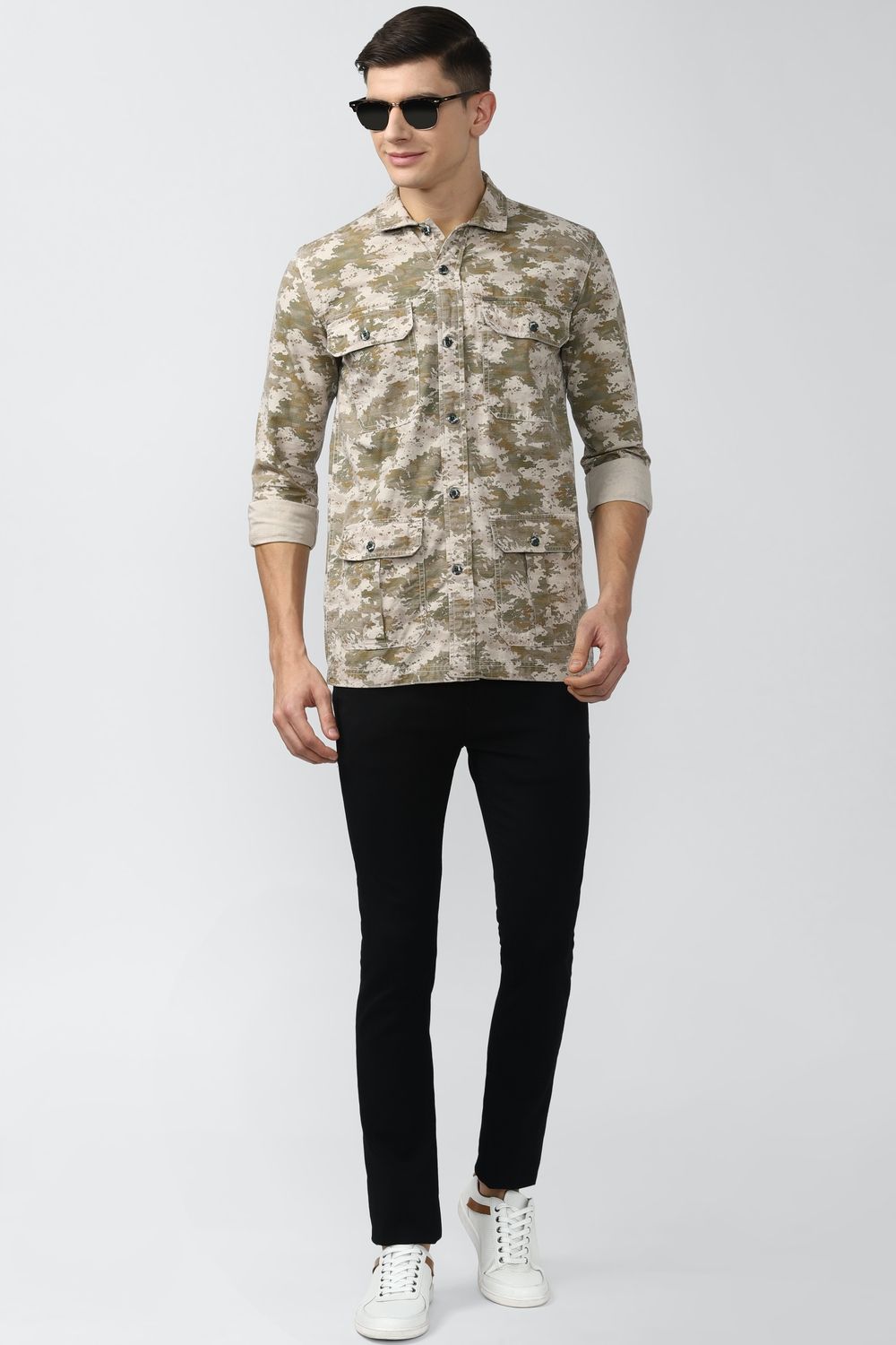 Men Cream Slim Fit Print Full Sleeves Casual Shirt