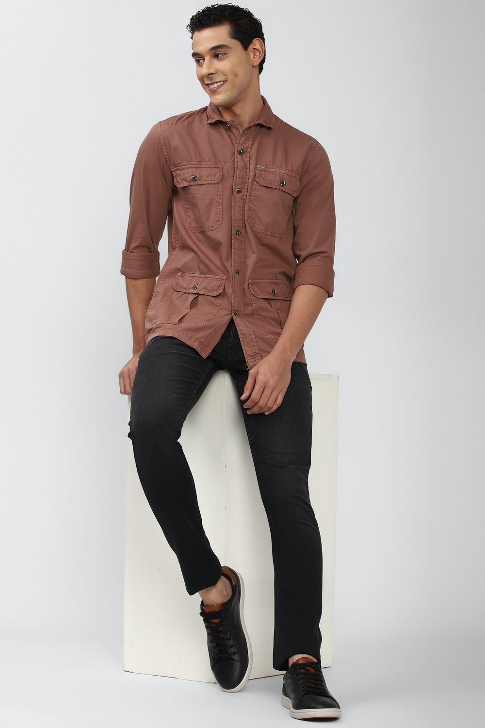 Men Brown Slim Fit Solid Full Sleeves Casual Shirt