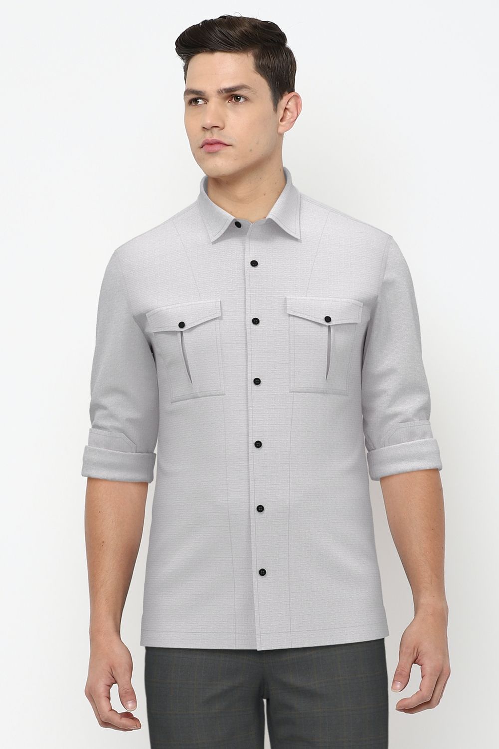 Men Grey Slim Fit Solid Full Sleeves Casual Shirt