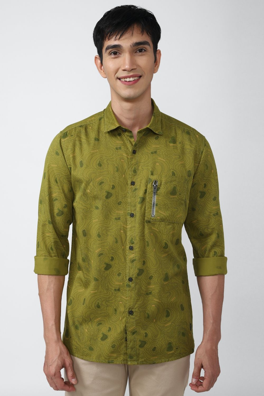 Men Olive Slim Fit Print Full Sleeves Casual Shirt