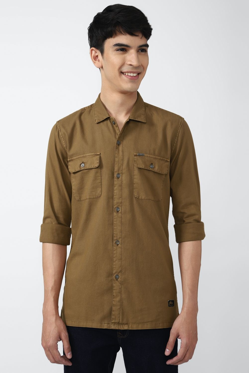 Men Brown Super Slim Fit Solid Full Sleeves Casual Shirt