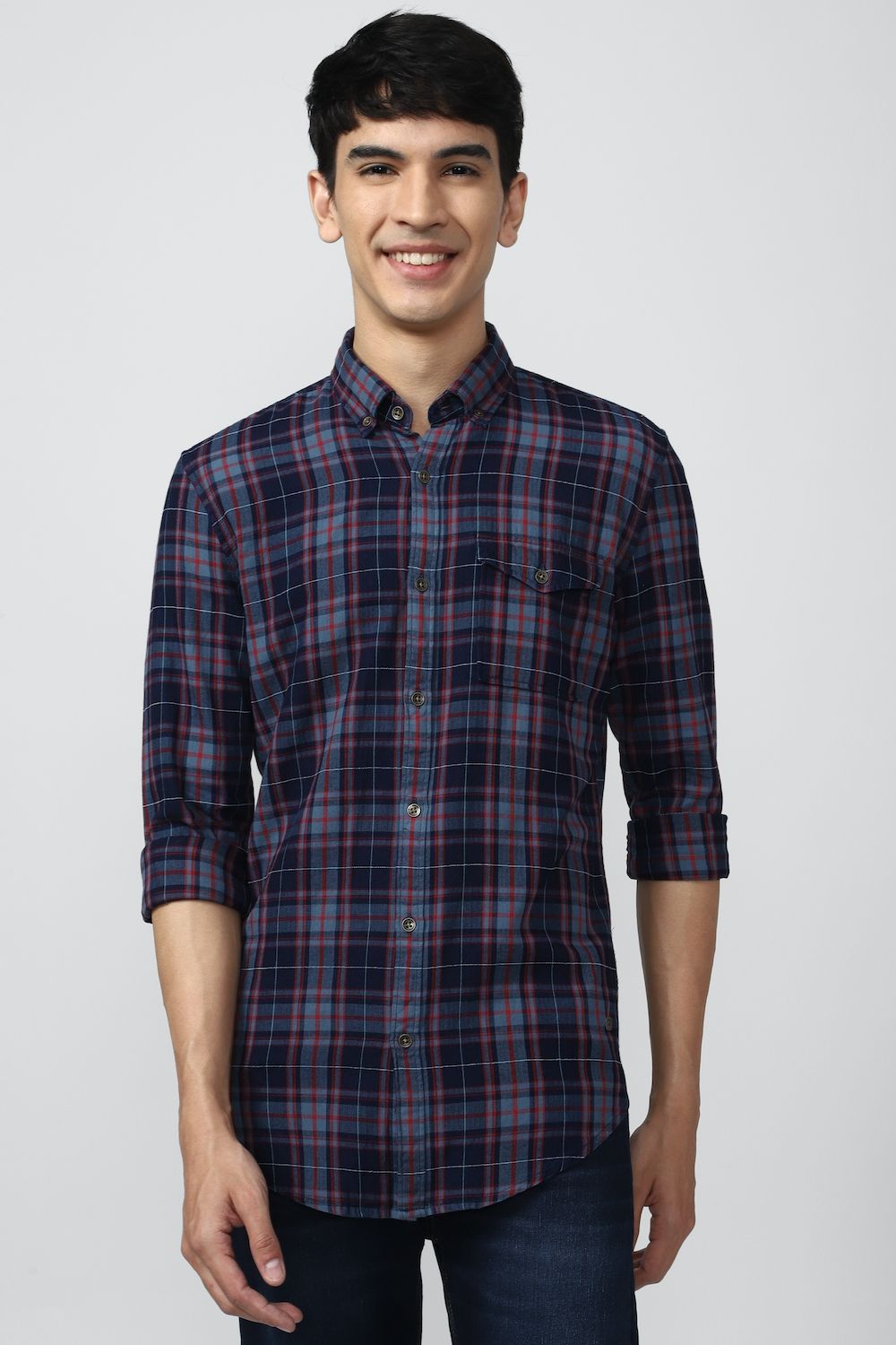 Men Navy Super Slim Fit Check Full Sleeves Casual Shirt