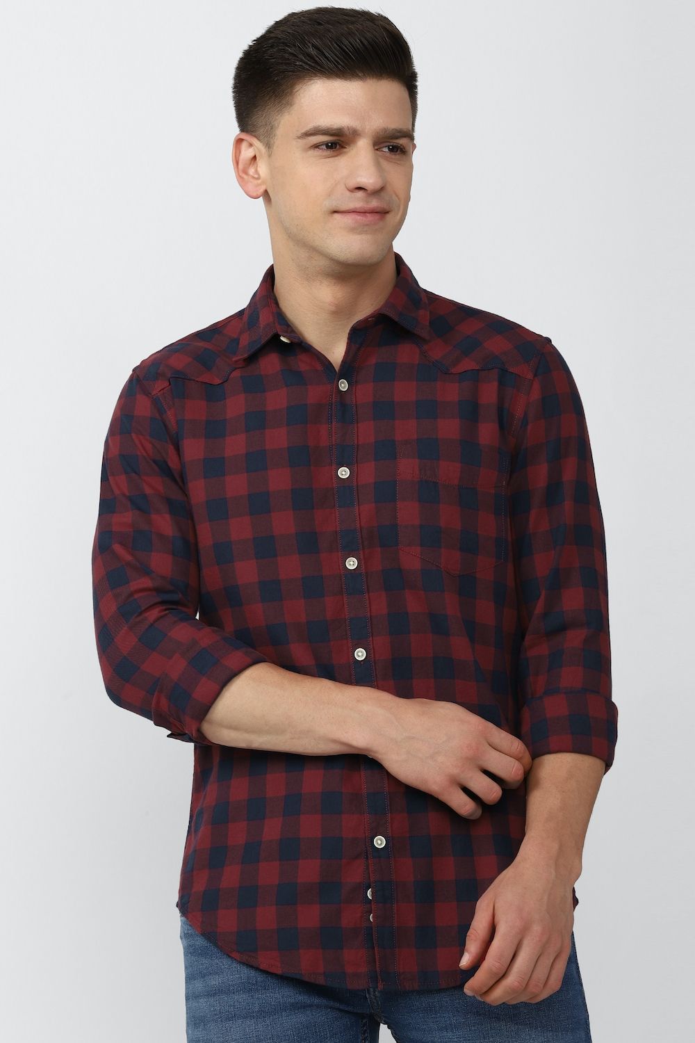 Men Maroon Super Slim Fit Check Full Sleeves Casual Shirt