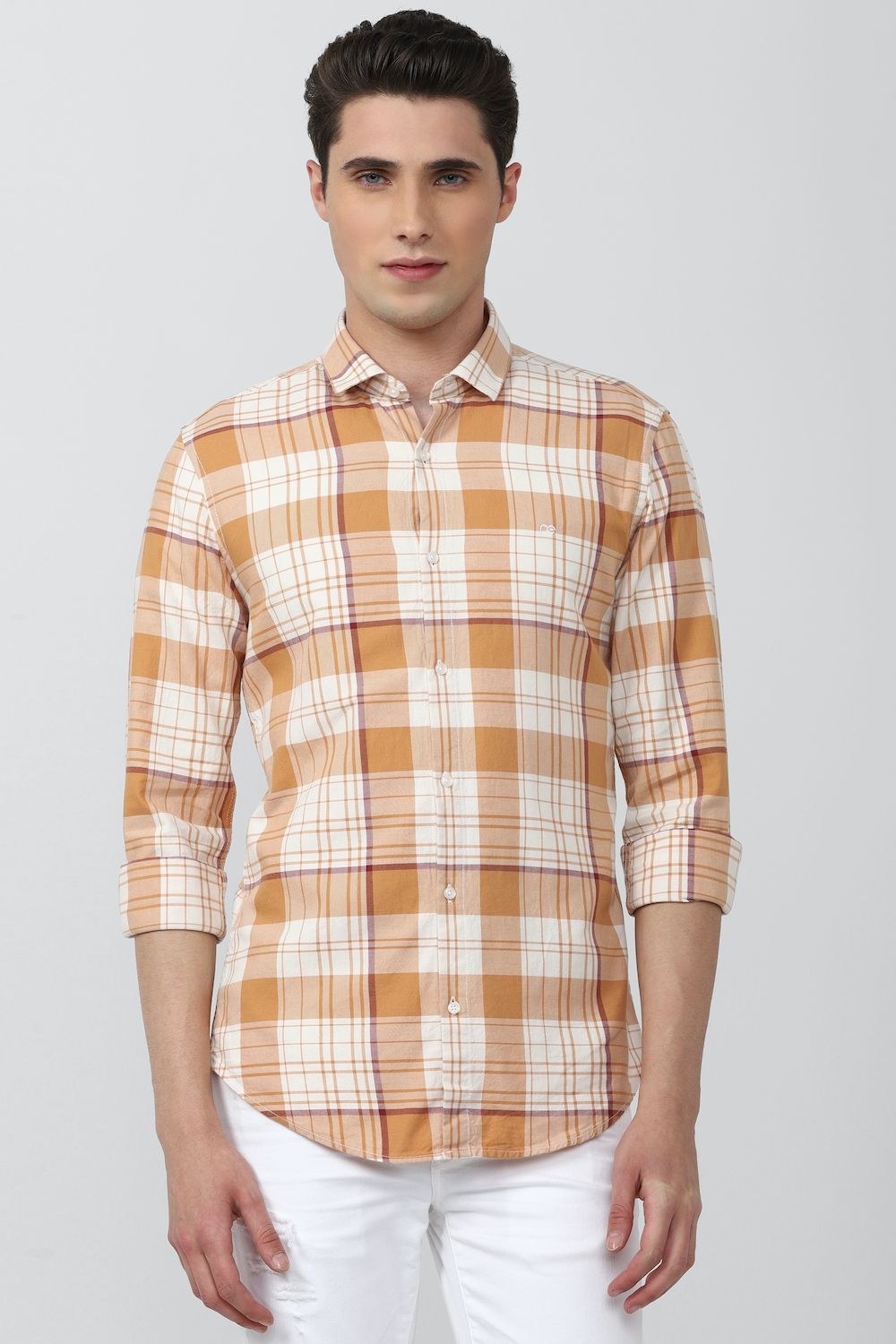 Men Orange Super Slim Fit Check Full Sleeves Casual Shirt