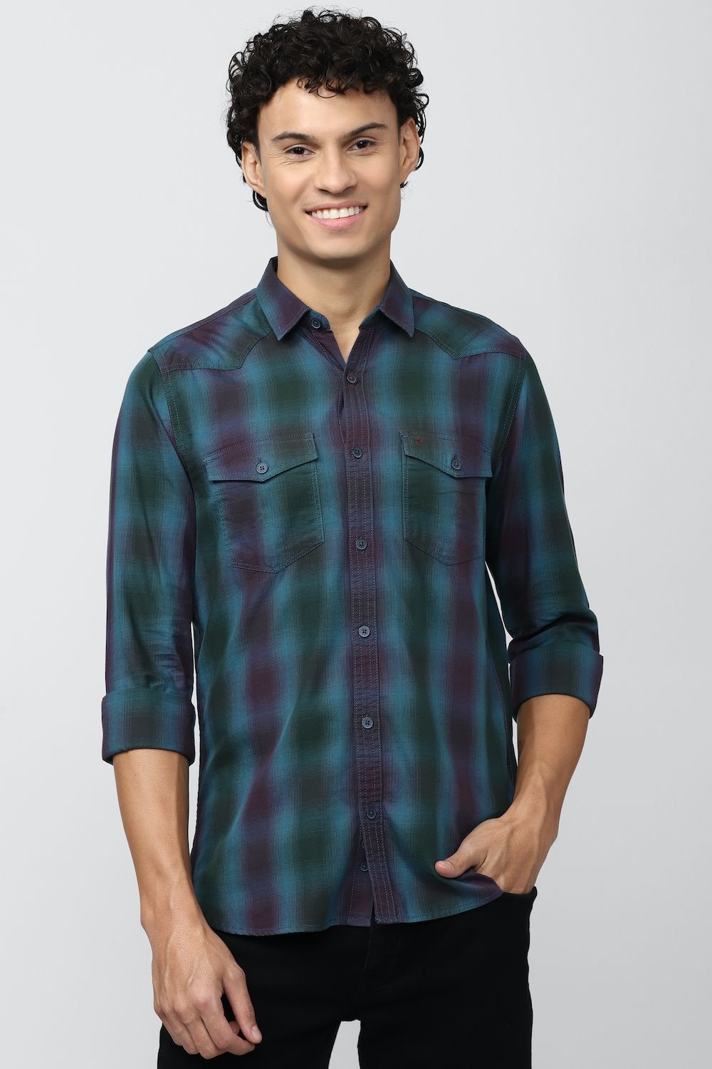 Men Blue Super Slim Fit Check Full Sleeves Casual Shirt