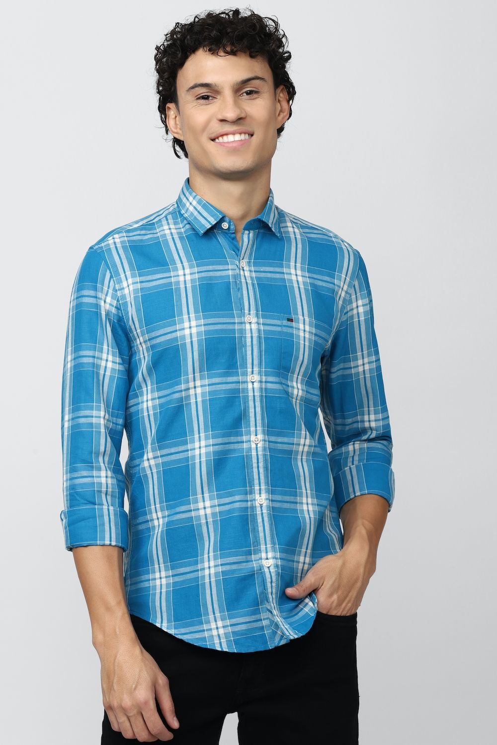 Men Blue Super Slim Fit Check Full Sleeves Casual Shirt