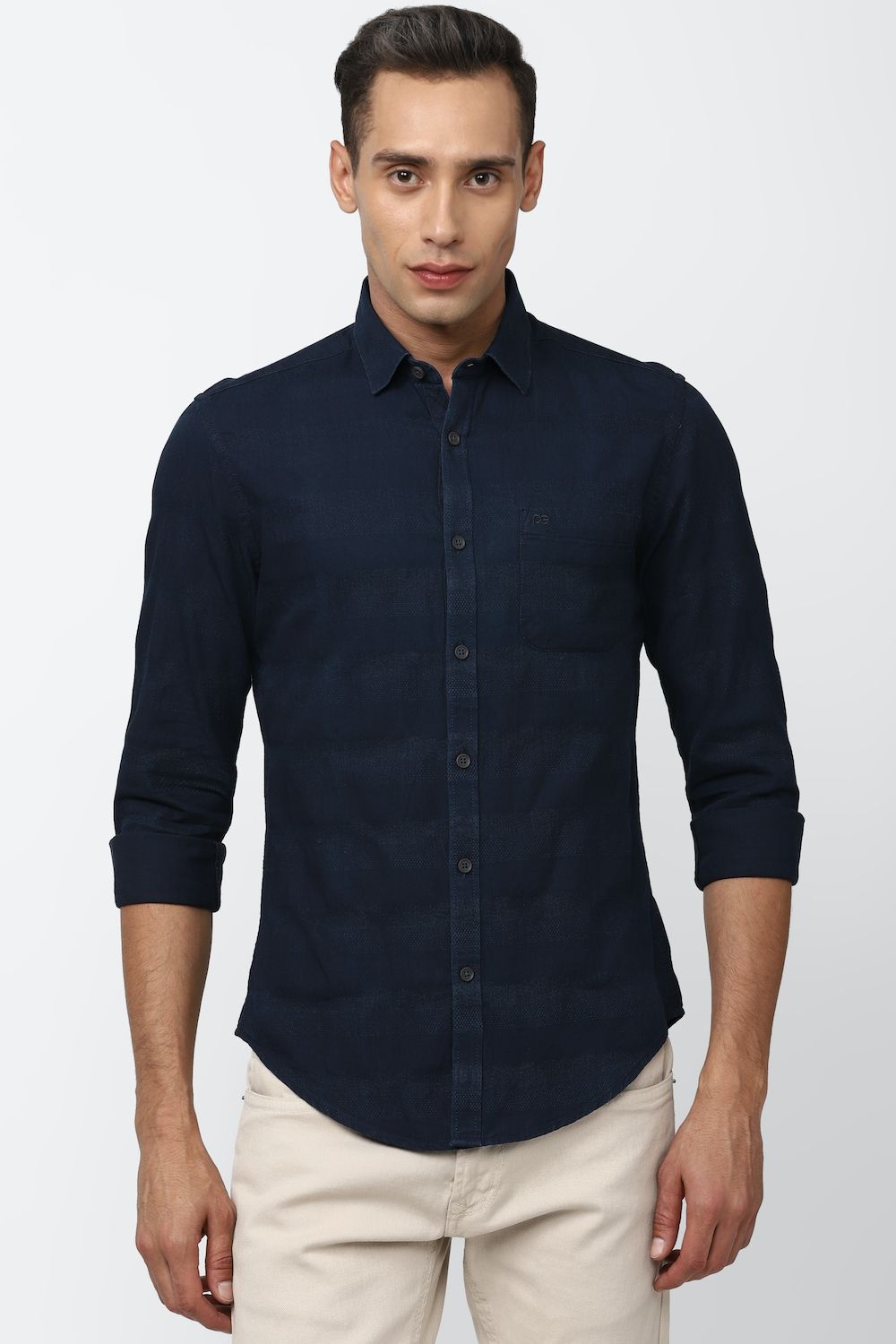 Men Navy Super Slim Fit Stripe Full Sleeves Casual Shirt