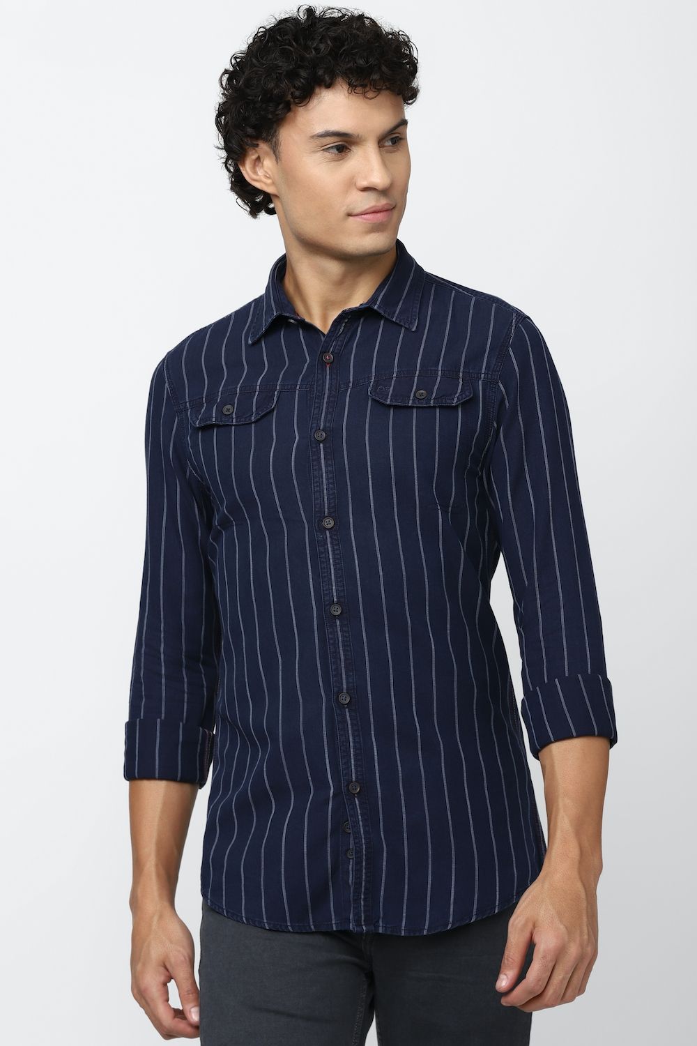 Men Navy Super Slim Fit Stripe Full Sleeves Casual Shirt