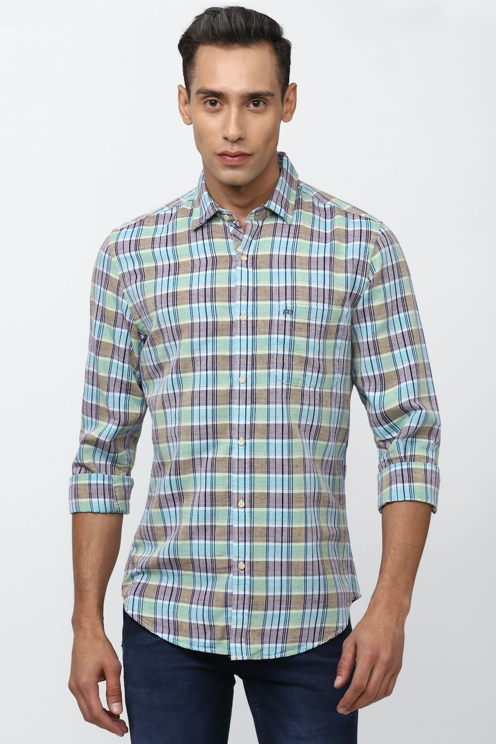 Men Blue Super Slim Fit Check Full Sleeves Casual Shirt
