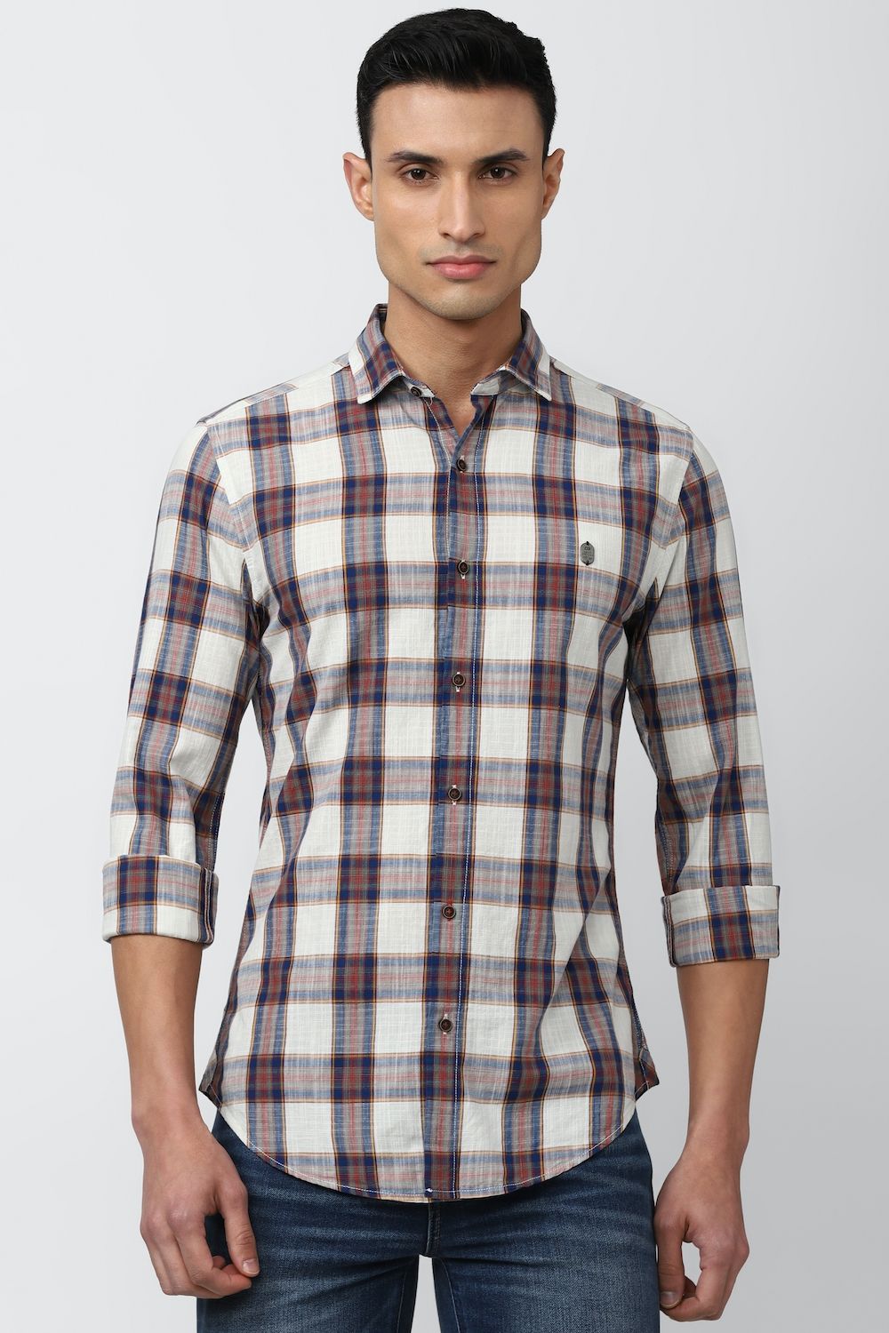 Men White Super Slim Fit Check Full Sleeves Casual Shirt