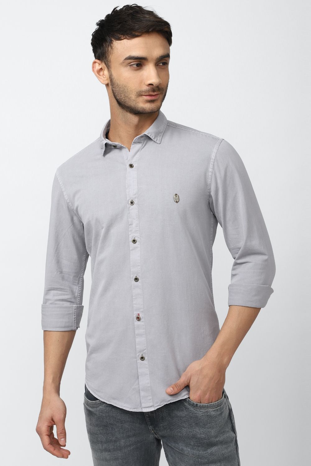 Men Grey Super Slim Fit Solid Full Sleeves Casual Shirt