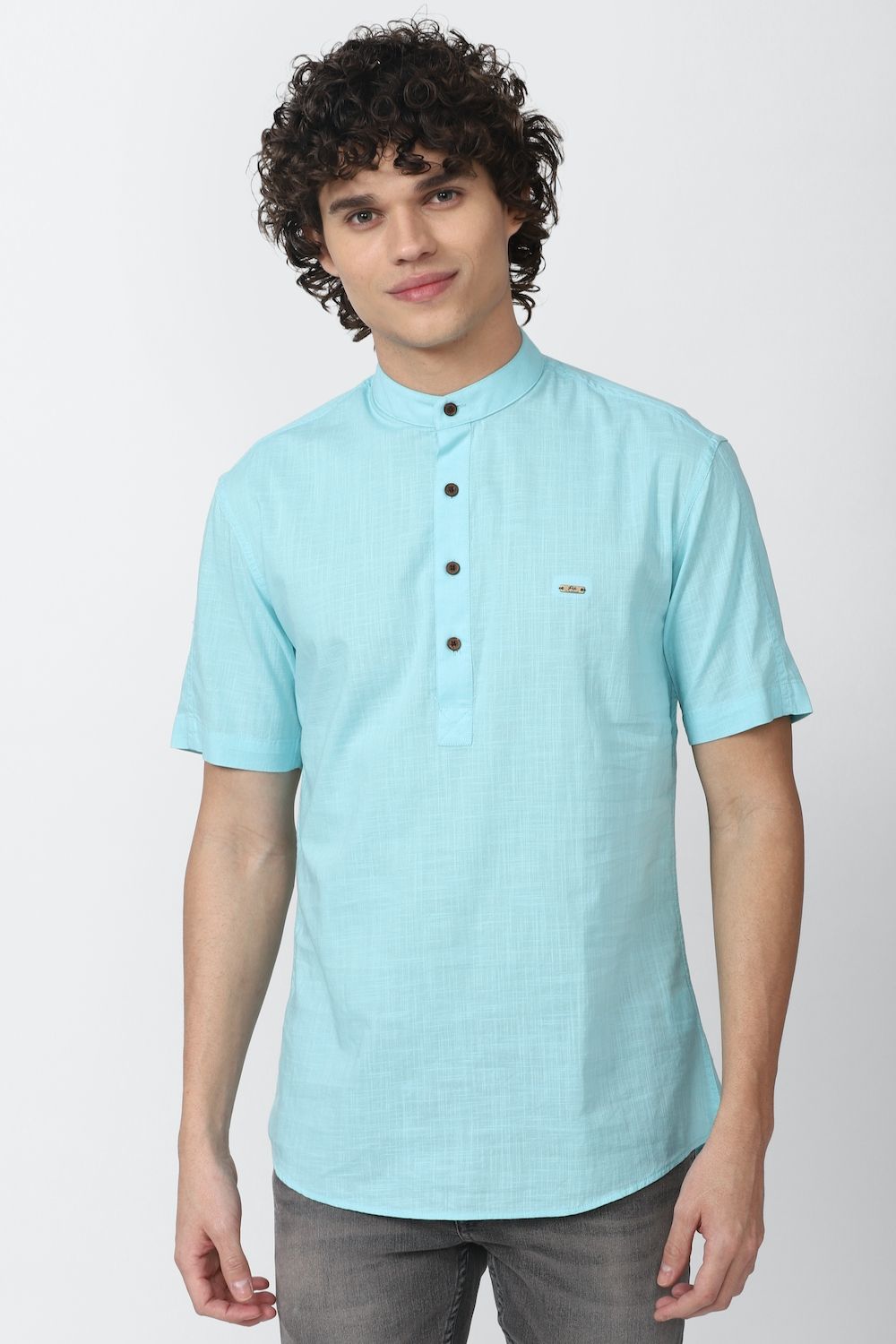 Men Blue Slim Fit Textured Half Sleeves Casual Shirt