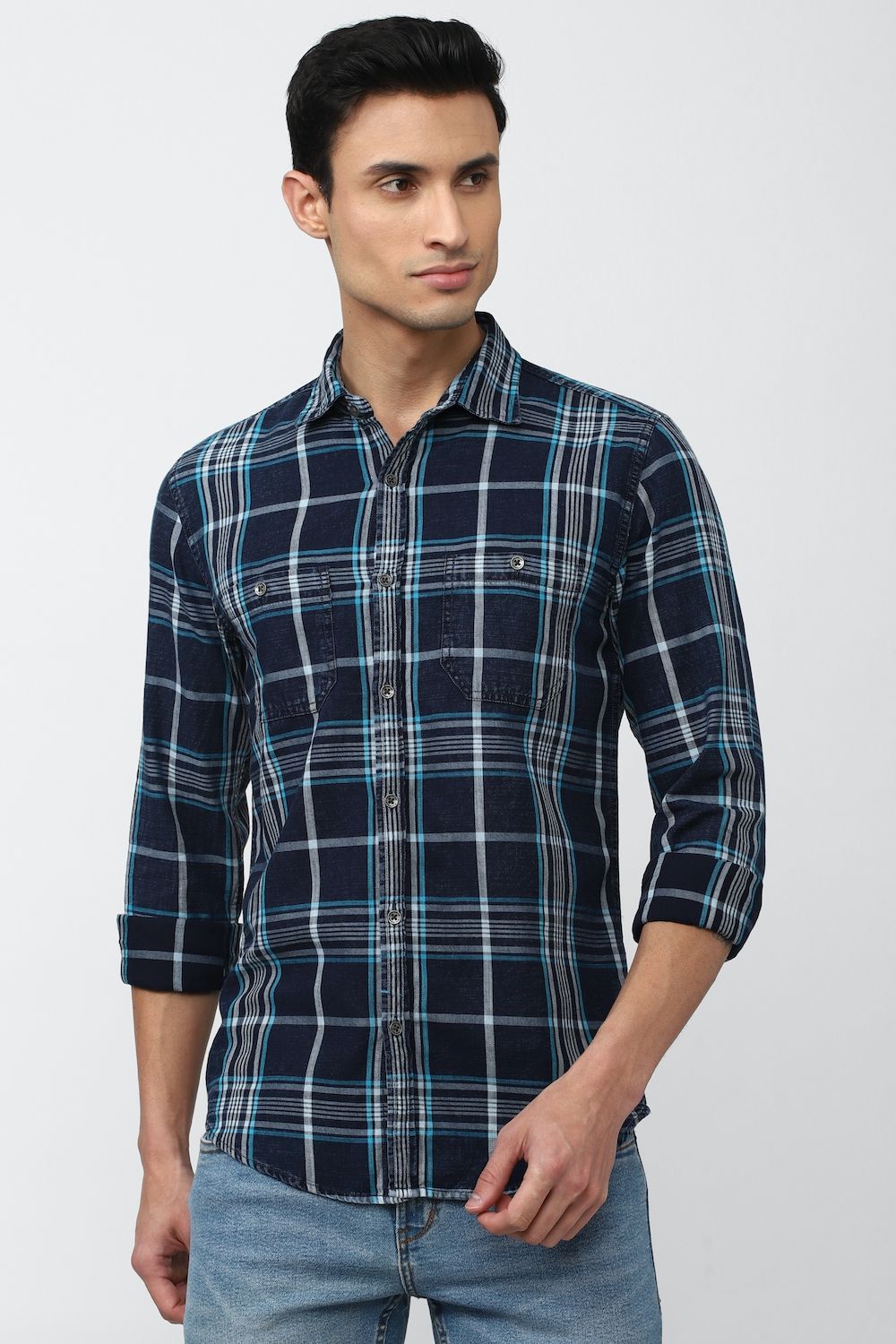 Men Navy Slim Fit Check Full Sleeves Casual Shirt