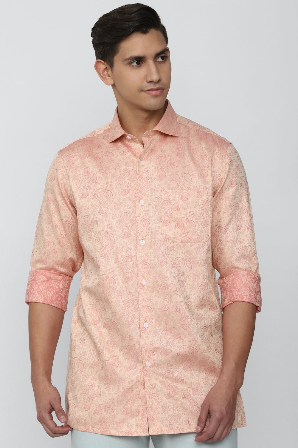 Men Peach Regular Fit Formal Full Sleeves Formal Shirt