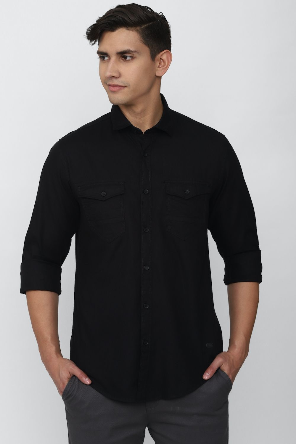 Men Black Slim Fit Solid Full Sleeves Casual Shirt